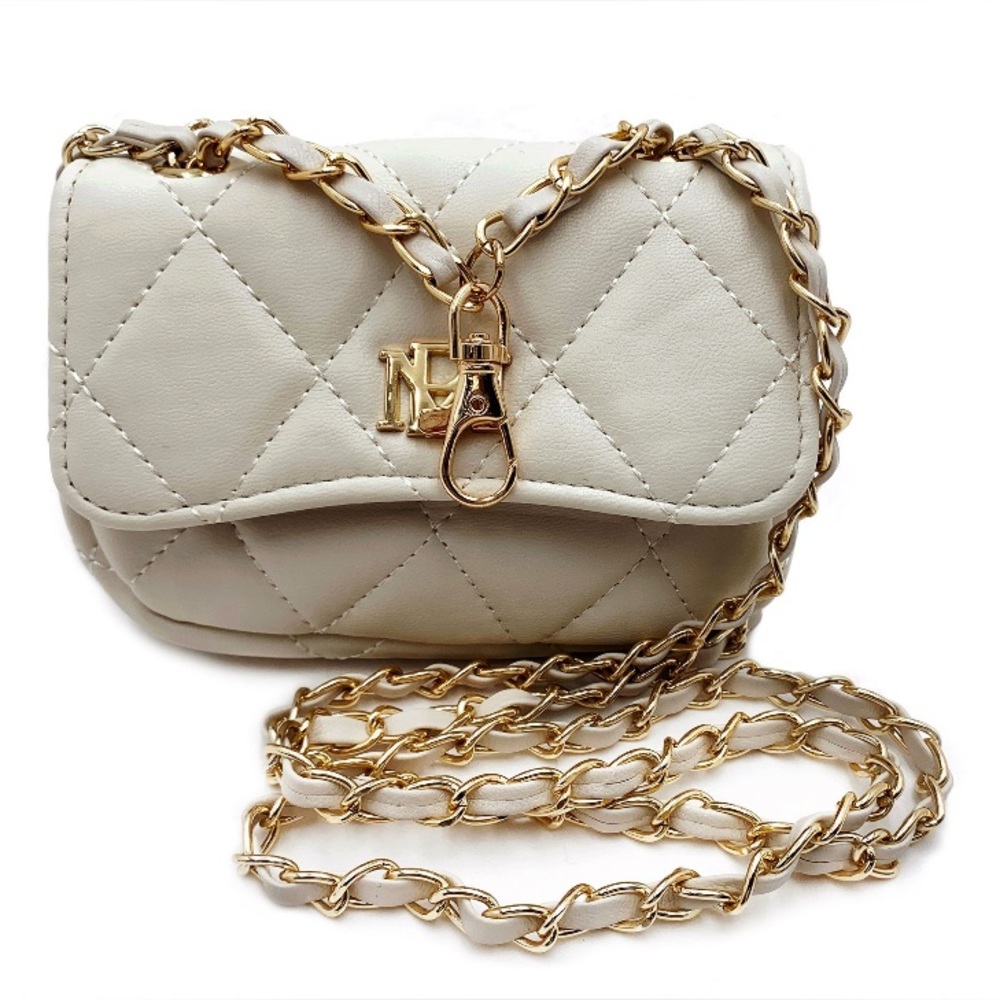 Badgley Mischka Cream Quilted Mini Chain Shoulder Bag or Charm with Gold